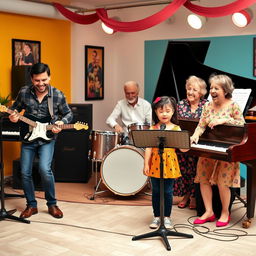 A cheerful family music band performing together in a vibrant setting