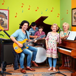 A cheerful family music band performing together in a vibrant setting