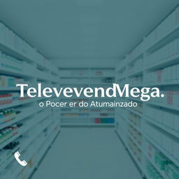 A minimalist design featuring a subtle image of a well-organized pharmacy with neat shelves displaying various products