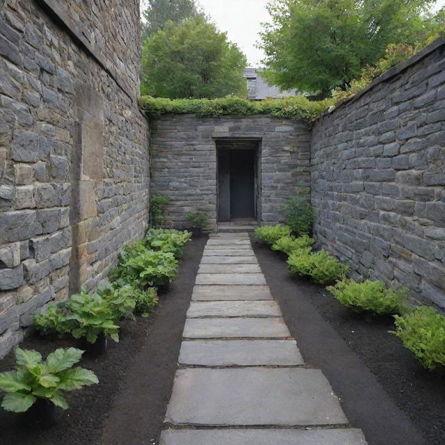 A quaint courtyard enclosed by bluish-gray stone walls with an area predominantly filled with gray-black soil. A narrow path made of bluestone stretches across the middle of the courtyard.