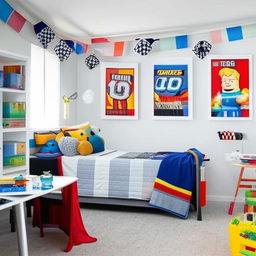 A spacious, brightly lit boys room with vibrant and colorful decor. Various elements such as race car-themed bed, superhero posters, sports equipment, lego sets, and a study area.