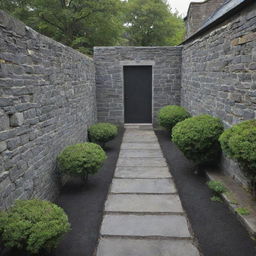 A quaint courtyard enclosed by bluish-gray stone walls with an area predominantly filled with gray-black soil. A narrow path made of bluestone stretches across the middle of the courtyard.