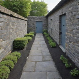 A quaint courtyard enclosed by bluish-gray stone walls with an area predominantly filled with gray-black soil. A narrow path made of bluestone stretches across the middle of the courtyard.