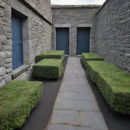 A quaint courtyard enclosed by bluish-gray stone walls with an area predominantly filled with gray-black soil. A narrow path made of bluestone stretches across the middle of the courtyard.