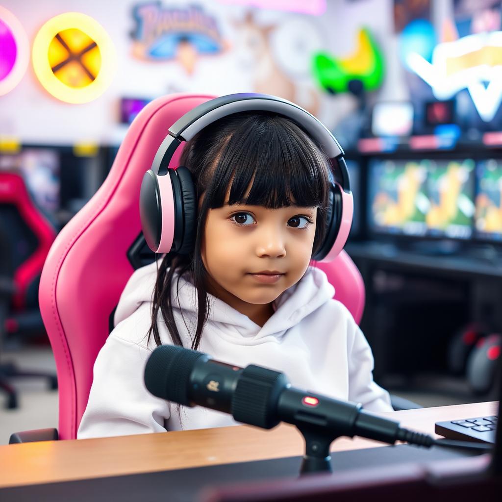 A 10-year-old girl with black hair and bangs, seated in a pink gamer chair