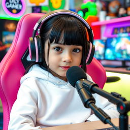 A 10-year-old girl with black hair and bangs, seated in a pink gamer chair