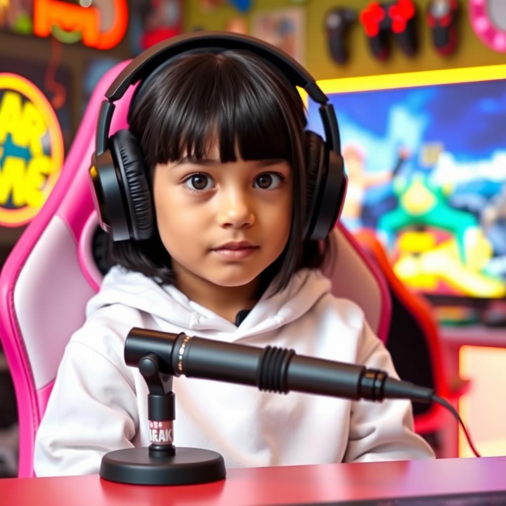 A 10-year-old girl with black hair and bangs, seated in a pink gamer chair