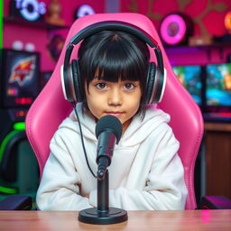 A 10-year-old girl with black hair and bangs, seated in a pink gamer chair