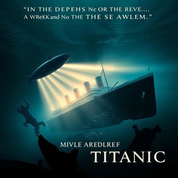 A cinematic movie poster titled "In the Depths of the Titanic" featuring a dramatic underwater scene