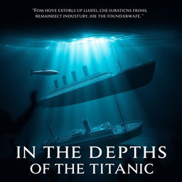 A cinematic movie poster titled "In the Depths of the Titanic" featuring a dramatic underwater scene