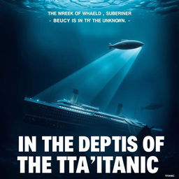 A cinematic movie poster titled "In the Depths of the Titanic" featuring a dramatic underwater scene