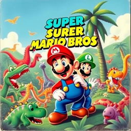 A vintage movie poster for a 1970s adventure film titled 'Super Mario Bros', featuring Mario and Luigi looking frightened, surrounded by a variety of colorful, cartoonish dinosaurs