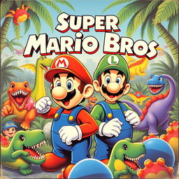 A vintage movie poster for a 1970s adventure film titled 'Super Mario Bros', featuring Mario and Luigi looking frightened, surrounded by a variety of colorful, cartoonish dinosaurs