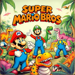 A vintage movie poster for a 1970s adventure film titled 'Super Mario Bros', featuring Mario and Luigi looking frightened, surrounded by a variety of colorful, cartoonish dinosaurs