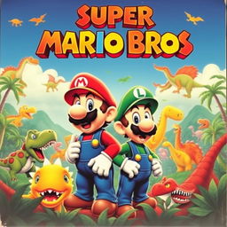 A vintage movie poster for a 1970s adventure film titled 'Super Mario Bros', featuring Mario and Luigi looking frightened, surrounded by a variety of colorful, cartoonish dinosaurs