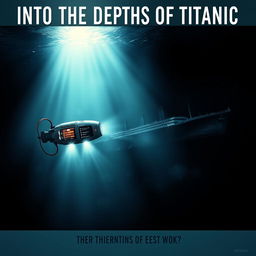 A movie poster for a film titled 'Into the Depths of Titanic', depicting the tragic connection between the sinking of the Titanic in 1912 and the implosion of the Titan submersible in 2023