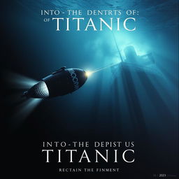 A movie poster for a film titled 'Into the Depths of Titanic', depicting the tragic connection between the sinking of the Titanic in 1912 and the implosion of the Titan submersible in 2023