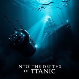 A movie poster for a film titled 'Into the Depths of Titanic', depicting the tragic connection between the sinking of the Titanic in 1912 and the implosion of the Titan submersible in 2023