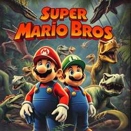 A realistic vintage movie poster for a 1970s adventure film titled 'Super Mario Bros', featuring Mario and Luigi looking frightened and realistically rendered, surrounded by a variety of detailed, lifelike dinosaurs