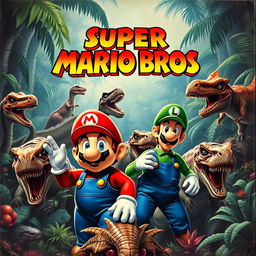 A realistic vintage movie poster for a 1970s adventure film titled 'Super Mario Bros', featuring Mario and Luigi looking frightened and realistically rendered, surrounded by a variety of detailed, lifelike dinosaurs