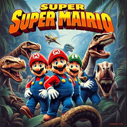 A realistic vintage movie poster for a 1970s adventure film titled 'Super Mario Bros', featuring Mario and Luigi looking frightened and realistically rendered, surrounded by a variety of detailed, lifelike dinosaurs