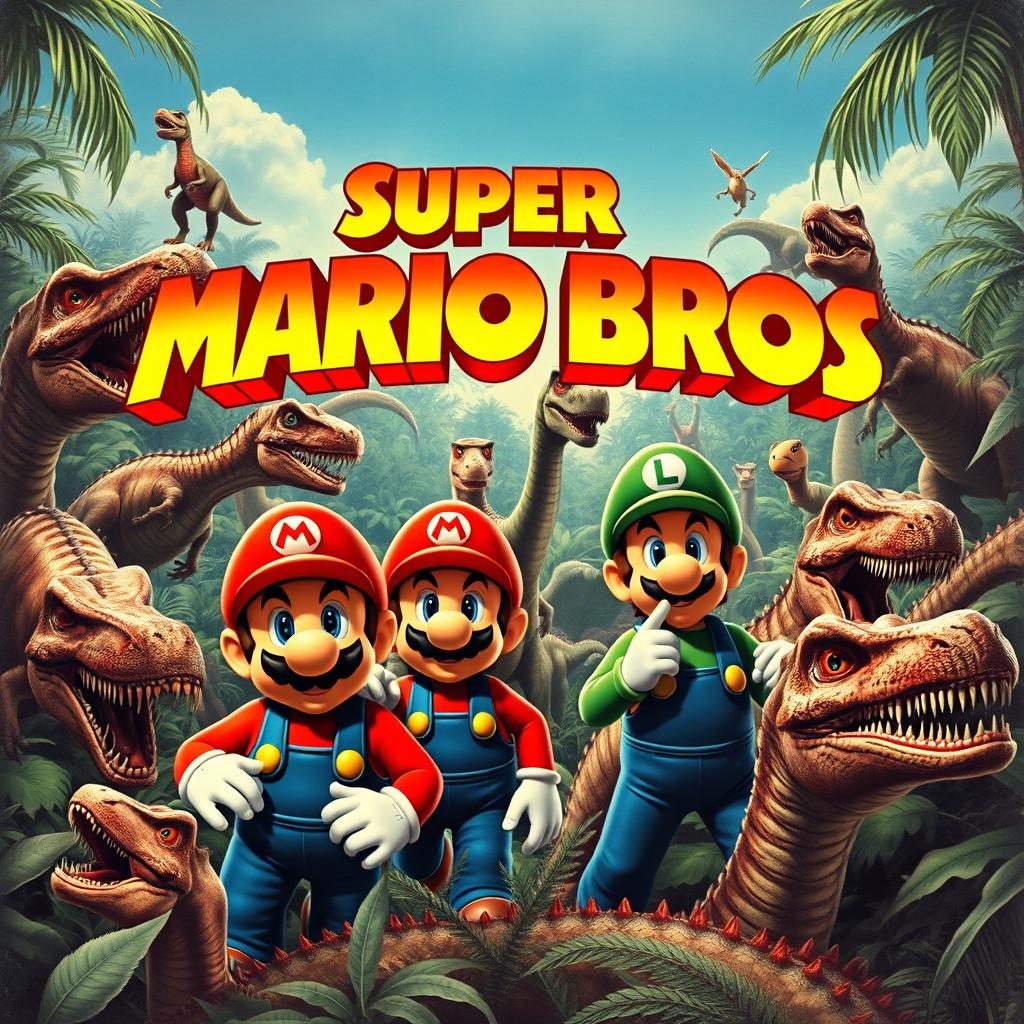 A realistic vintage movie poster for a 1970s adventure film titled 'Super Mario Bros', featuring Mario and Luigi looking frightened and realistically rendered, surrounded by a variety of detailed, lifelike dinosaurs