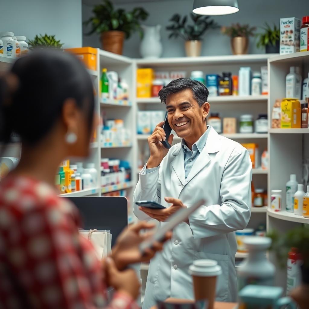 A warm and inviting pharmacy setting featuring a friendly pharmacy attendant engaged in a conversation over the phone