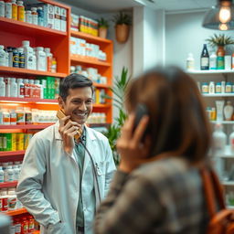 A warm and inviting pharmacy setting featuring a friendly pharmacy attendant engaged in a conversation over the phone