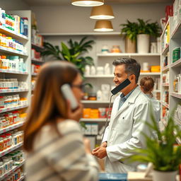 A warm and inviting pharmacy setting featuring a friendly pharmacy attendant engaged in a conversation over the phone