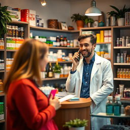 A warm and inviting pharmacy setting featuring a friendly pharmacy attendant engaged in a conversation over the phone