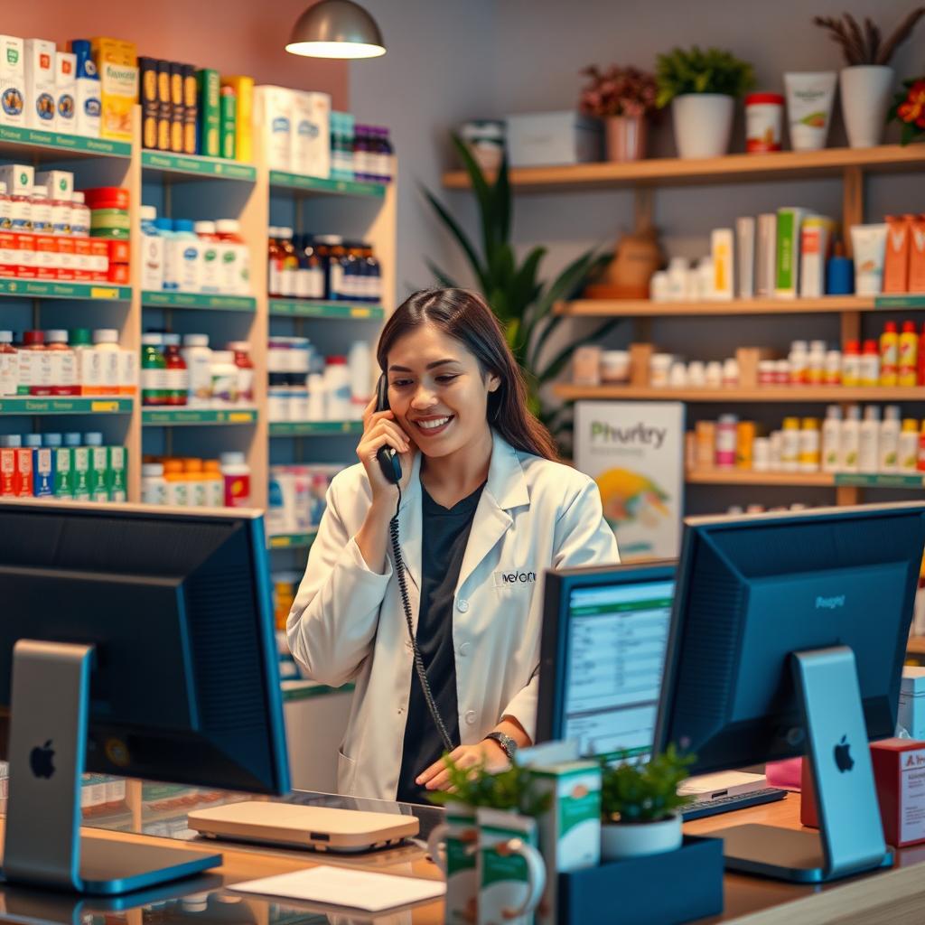 A warm and inviting pharmacy setting featuring a friendly pharmacy attendant engaged in a telemarketing conversation