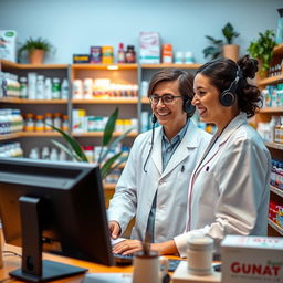 A warm and inviting pharmacy setting featuring a friendly pharmacy attendant engaged in a telemarketing conversation