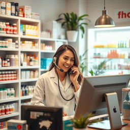 A warm and inviting pharmacy setting featuring a friendly pharmacy attendant engaged in a telemarketing conversation