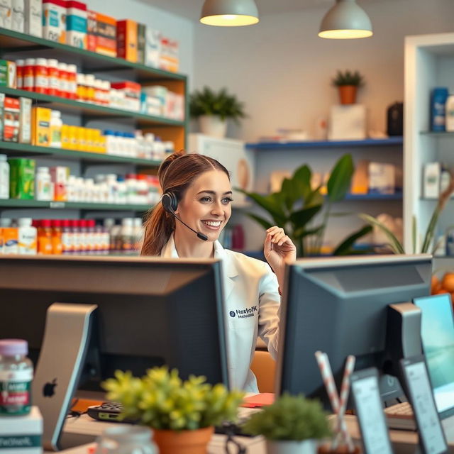 A warm and inviting pharmacy setting featuring a friendly pharmacy attendant engaged in a telemarketing conversation