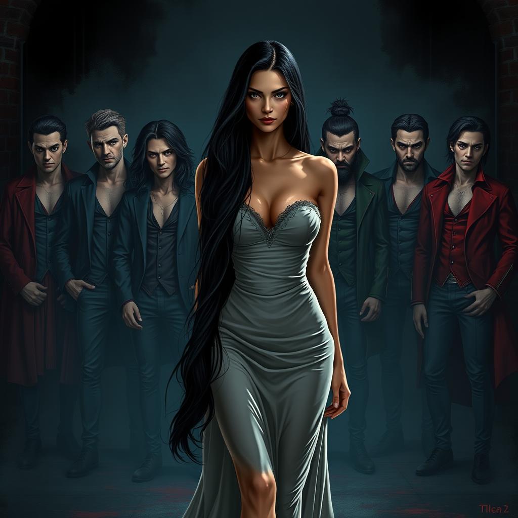 An attractive woman with long black hair walking confidently in front of seven handsome men, each representing one of the seven deadly sins