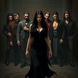 An attractive woman with long black hair walking confidently in front of seven handsome men, each representing one of the seven deadly sins