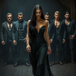 An attractive woman with long black hair walking confidently in front of seven handsome men, each representing one of the seven deadly sins