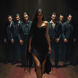 An attractive woman with long black hair walking confidently in front of seven handsome men, each representing one of the seven deadly sins