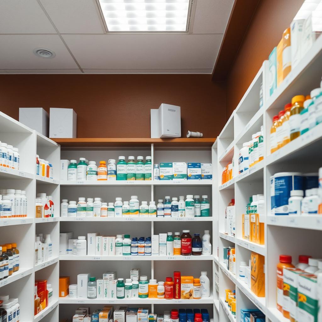 A subtle image of a pharmacy with neatly organized shelves filled with various pharmaceutical products