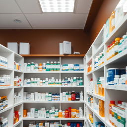 A subtle image of a pharmacy with neatly organized shelves filled with various pharmaceutical products