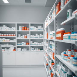 A subtle image of a pharmacy with neatly organized shelves filled with various pharmaceutical products