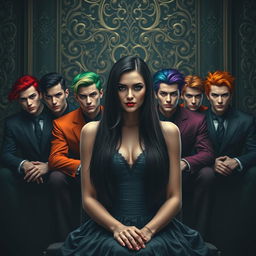 An attractive female with long black hair, elegantly seated in front of seven handsome men, each representing one of the seven deadly sins