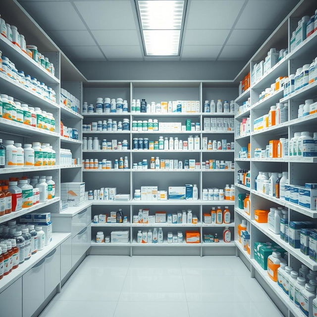 A subtle image of a pharmacy with neatly organized shelves filled with various pharmaceutical products