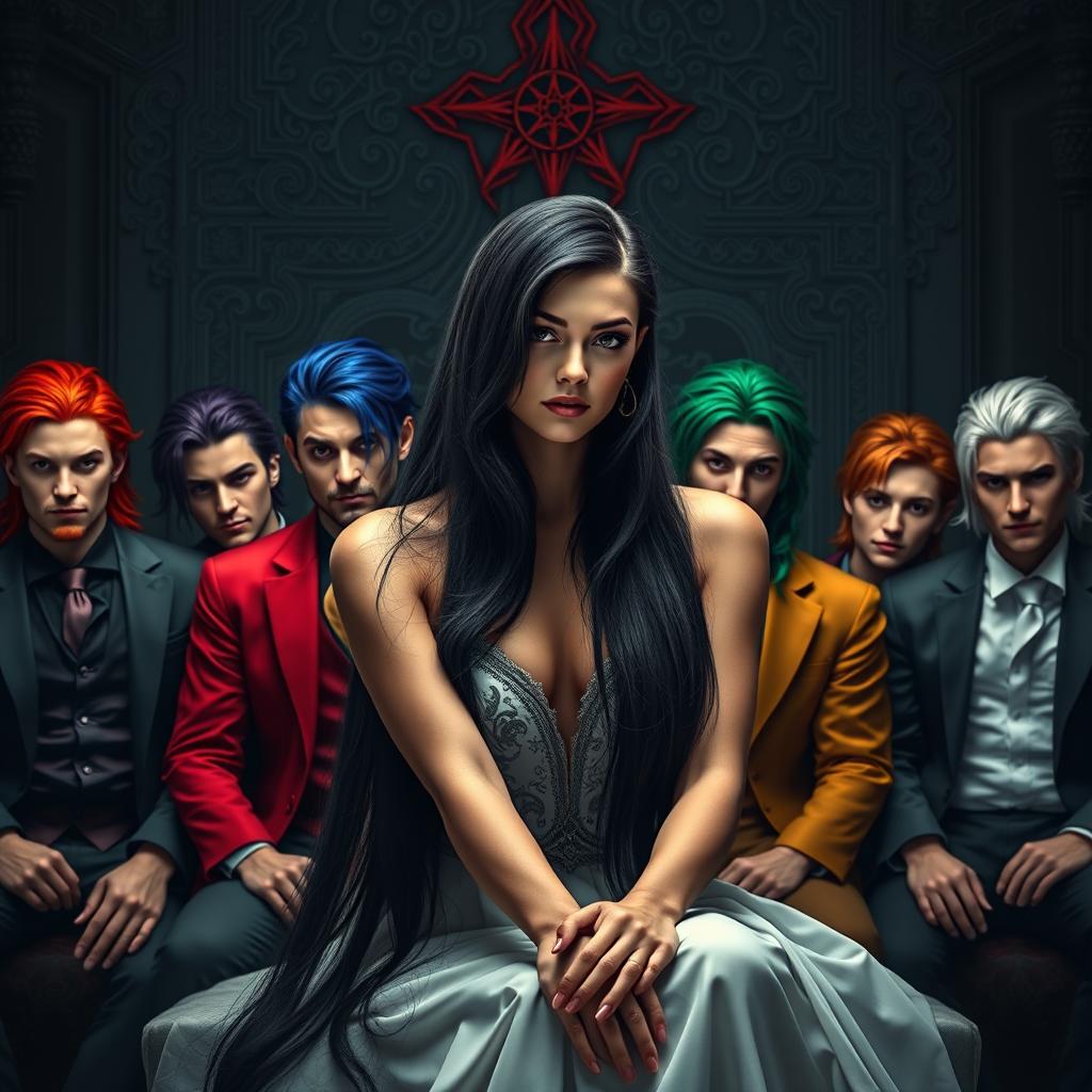 An attractive female with long black hair, elegantly seated in front of seven handsome men, each representing one of the seven deadly sins