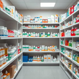 A subtle image of a pharmacy with neatly organized shelves filled with various pharmaceutical products