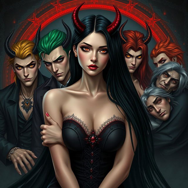 An attractive female with long black hair, sitting confidently in front of seven handsome demonic men, each representing the seven deadly sins, with various striking hair colors that symbolize their respective sins