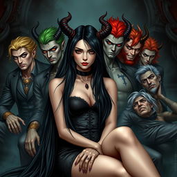 An attractive female with long black hair, sitting confidently in front of seven handsome demonic men, each representing the seven deadly sins, with various striking hair colors that symbolize their respective sins