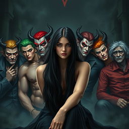 An attractive female with long black hair, sitting confidently in front of seven handsome demonic men, each representing the seven deadly sins, with various striking hair colors that symbolize their respective sins