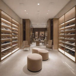 A luxurious yet comfortable shoe shop, with elegant decor, soft lighting, plush seating and a diverse collection of high-end shoes on polished display shelves.