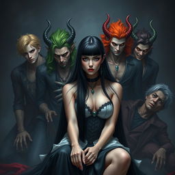 An attractive female with long black hair, sitting confidently in front of seven handsome demonic men, each representing the seven deadly sins, with various striking hair colors that symbolize their respective sins